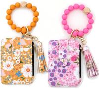 Women's Beaded Wallet Boho Beaded Wallet with Tassel Keychain Boho Wristlet Pouch Set Featuring Floral Fruit Pattern Card Cases and Small Money Organizers for Daily Use 2pcs， Yellow+Rose Red