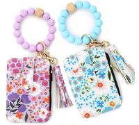 Women's Beaded Wallet Boho Beaded Wallet with Tassel Keychain Boho Wristlet Pouch Set Featuring Floral Fruit Pattern Card Cases and Small Money Organizers for Daily Use 2pcs Light Purple+Light Blue
