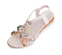 Womens Beaded Wedge Sandals Sparkly Gemstone T-Bar Summer Shoes Ladies Woven Elastic Slingback Comfortable Holiday Platform Footwear White