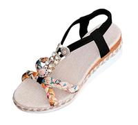 Womens Beaded Wedge Sandals Sparkly Gemstone T-Bar Summer Shoes Ladies Woven Elastic Slingback Comfortable Holiday Platform Footwear Black