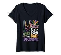 Womens Beads Booze and Bad Decisions Mardi Gras Party V-Neck T-Shirt
