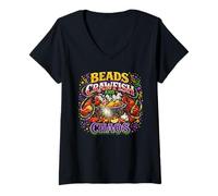 Women's Beads Crawfish and Chaos Seafood Party Carnival Mardi Gras V-Neck T-Shirt