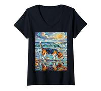 Women's Beagle at the Beach Summer Artwork Dog Lover Coastal Art V-Neck T-Shirt