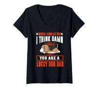 Women's Beagle You are A Lucky Dog Dad Funny Puppy Dogs Lovers V-Neck T-Shirt