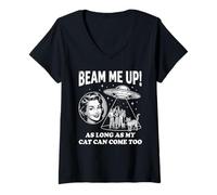 Women's Beam Me Up As Long As My Cat Can Come Too - Funny Alien UFO V-Neck T-Shirt