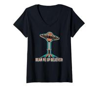 Womens Beam Me Up Believer Flying Saucer Sci-Fi Retro Humor V-Neck T-Shirt