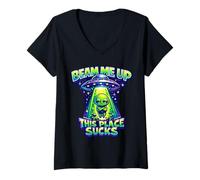 Women's Beam Me Up This Place Sucks Funny Alien UFO V-Neck T-Shirt