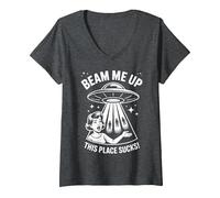 Women's Beam Me Up This Place Sucks Funny Sarcastic UFO Alien Humor V-Neck T-Shirt, Dark Heather Grey, Large