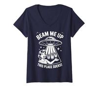 Women's Beam Me Up This Place Sucks Funny Sarcastic UFO Alien Humor V-Neck T-Shirt, Navy Blue, Small