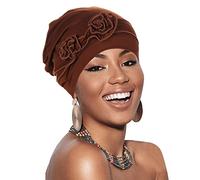Womens Beanie Chemo Headwear Elastic Turbans Cap Hat Headscarf Hair Coverings Sleep Cap Head Wraps Cancer Hat with Flower Design Coffee