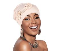 Womens Beanie Chemo Headwear Elastic Turbans Cap Hat Headscarf Hair Coverings Sleep Cap Head Wraps Cancer Hat with Flower Design Beige