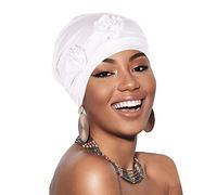 Womens Beanie Chemo Headwear Elastic Turbans Cap Hat Headscarf Hair Coverings Sleep Cap Head Wraps Cancer Hat with Flower Design White