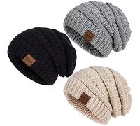 Womens Beanies for Winter 3 Pack, Slouchy Beanies for Women Oversized Knit Warm, Winter Hats for Women Thick for Cold Weather, Black+Oatmeal+Dark Gray, One Size