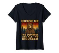 Women's Bear Backyard Excuse Me The Squirrel Ate All The Birdseed V-Neck T-Shirt
