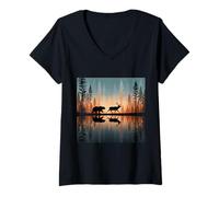 Women's Bear Chasing Elk Lake Reflection On Lake V-Neck T-Shirt