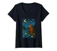 Womens Bear Fishing for Stars Night Sky Woodland Storybook Scene V-Neck T-Shirt