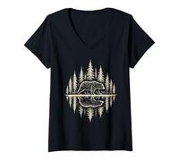 Womens Bear Forest Waveform Wilderness Nature Graphic Art V-Neck T-Shirt