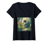 Women's Bear Gardener Pruning Rose Bushes Impressionist Art V-Neck T-Shirt