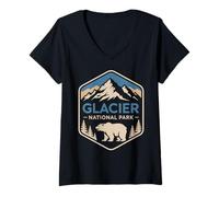 Womens Bear Hiking Camping Montana National Park Vintage Glacier V-Neck T-Shirt