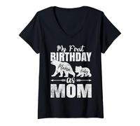 Women's Bear Lover Mama and Baby My First Birthday As Mom V-Neck T-Shirt