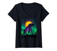 Womens Bear North Night Dark Grizzly Forest Fork V-Neck T-Shirt