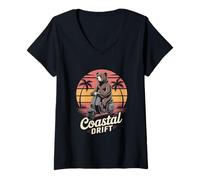 Womens Bear On Scooter Sunset Coastal Palms Retro Summer V-Neck T-Shirt