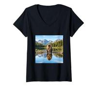 Women's Bear Reflection Mountain Lake Wilderness Landscape V-Neck T-Shirt