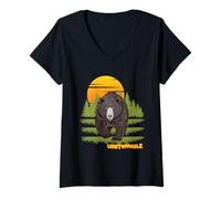 Women's Bear Silhouette Topographic Map Contour Lines Hiking Art V-Neck T-Shirt