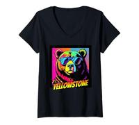 Womens Bear & Sunglasses Yellowstone National Park Colorful Pop Art V-Neck T-Shirt