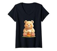 Women's Bear with Honey Jar Animal Design V-Neck T-Shirt