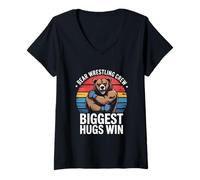 Womens Bear Wrestling Crew - Biggest Hugs Win - Bear Grappling V-Neck T-Shirt
