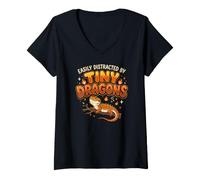 Women's Bearded Dragon Lizard Easily Distracted By Tiny Dragons V-Neck T-Shirt