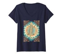 Womens Bearded Dragon on Mandala Pattern with Boho Sunburst V-Neck T-Shirt