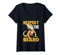 Womens Bearded Dragon Respect The Beard Funny Lizard Graphic V-Neck T-Shirt
