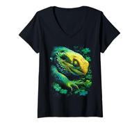 Women's Bearded Dragon Shamrocks Forest St Patricks Day Forestcore V-Neck T-Shirt
