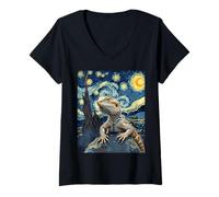 Women's Bearded Dragon Van Gogh Starry Night Inspired Cozy Creative V-Neck T-Shirt