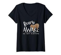 Womens Bearly Awake Do Not Disturb Sleepy Grizzly Bear Pun V-Neck T-Shirt