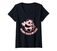 Women's Beary Much in Love Cupid Panda Bear Valentine Hear V-Neck T-Shirt