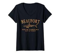 Womens Beaufort South Carolina Shark Fishing Arched Orange Letters V-Neck T-Shirt