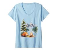 Womens Beautiful Camping Scene with Mountains Forest Campfire V-Neck T-Shirt