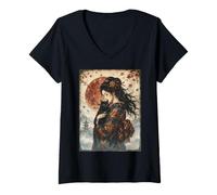Women's Beautiful Geisha Holding Black Cat Vintage Japanese Red Moon V-Neck T-Shirt