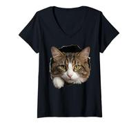 Women's Beautiful Norwegian Forest Cat Green Eyes Peeking Through V-Neck T-Shirt