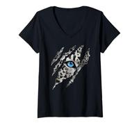 Women's Beautiful Snow Leopard Piercing Blue Eye Claw Animal Design V-Neck T-Shirt