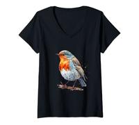 Womens Beautiful Watercolor Robin Portrait V-Neck T-Shirt