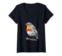 Women's Beautiful Watercolor Robin Portrait V-Neck T-Shirt, Black, Large