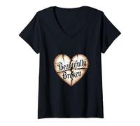 Womens Beautifully Broken Christian Heart Message Quote V-Neck T-Shirt