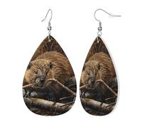 Womens beaver working Print Leather Earrings Teardrop Dangle Earrings Jewelry Outfits Accessories