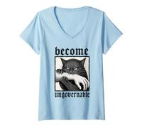 Women's Become Ungovernable Black Cat Biting Hand Gothic Funny Rebel V-Neck T-Shirt