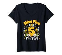 Women's Bee 5th Birthday Hive Five I'm Five 5 Years Old Bday V-Neck T-Shirt