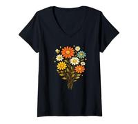 Women's Bee and Daisy Retro Style Flower Graphic V-Neck T-Shirt